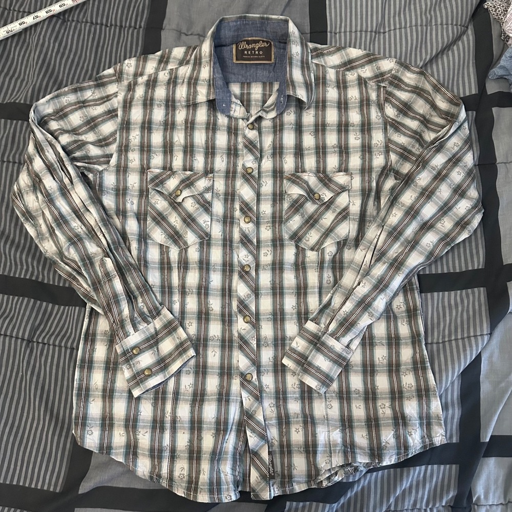 Wrangler Retro Shirt Mens Large Plaid Country Western Pearl Snap Rodeo Cowboy